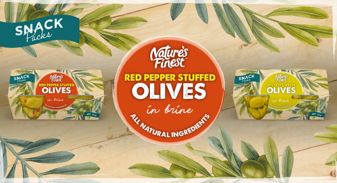 Nature's Finest red pepper stuffed olives and pitted green olives..